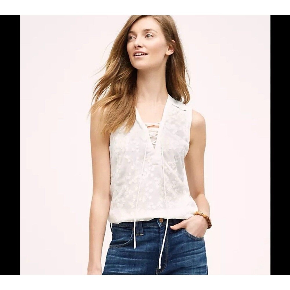 MAEVE Preppy Twee Boho preppy WHITE Top Embroidered Lace-Up SIZE 4 Tank